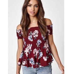 Kendall & Kylie Floral Smocked Off the Shoulder Top Burgundy Pink Blue M Medium